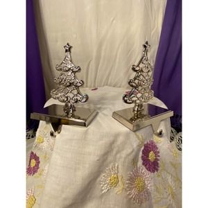 2 Silver tone Metal and Faux Crystal, Christmas Tree Shaped, Stocking Hangers
